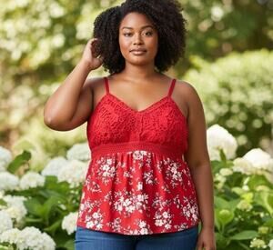 Baby Doll Halter Top Red Floral Y2K Milk Maid Party Crochet SZ XL No Boundaries